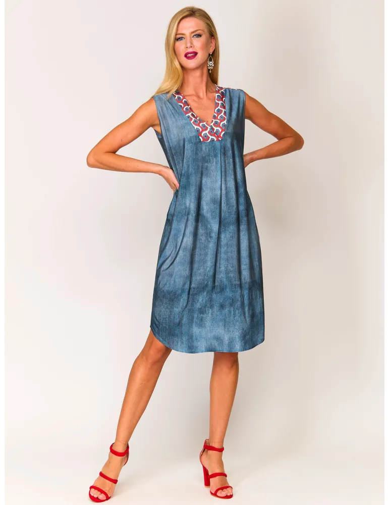 Mercuriali Blue denim printed sundress red crystal accents
