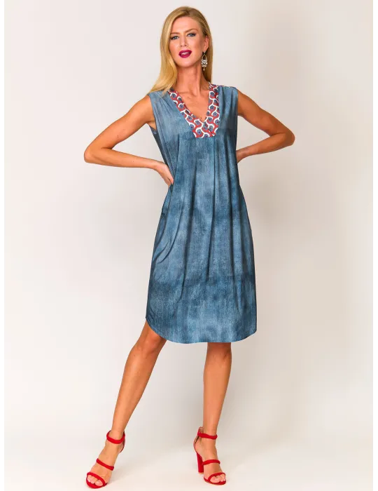 Mercuriali Blue denim printed sundress red crystal accents