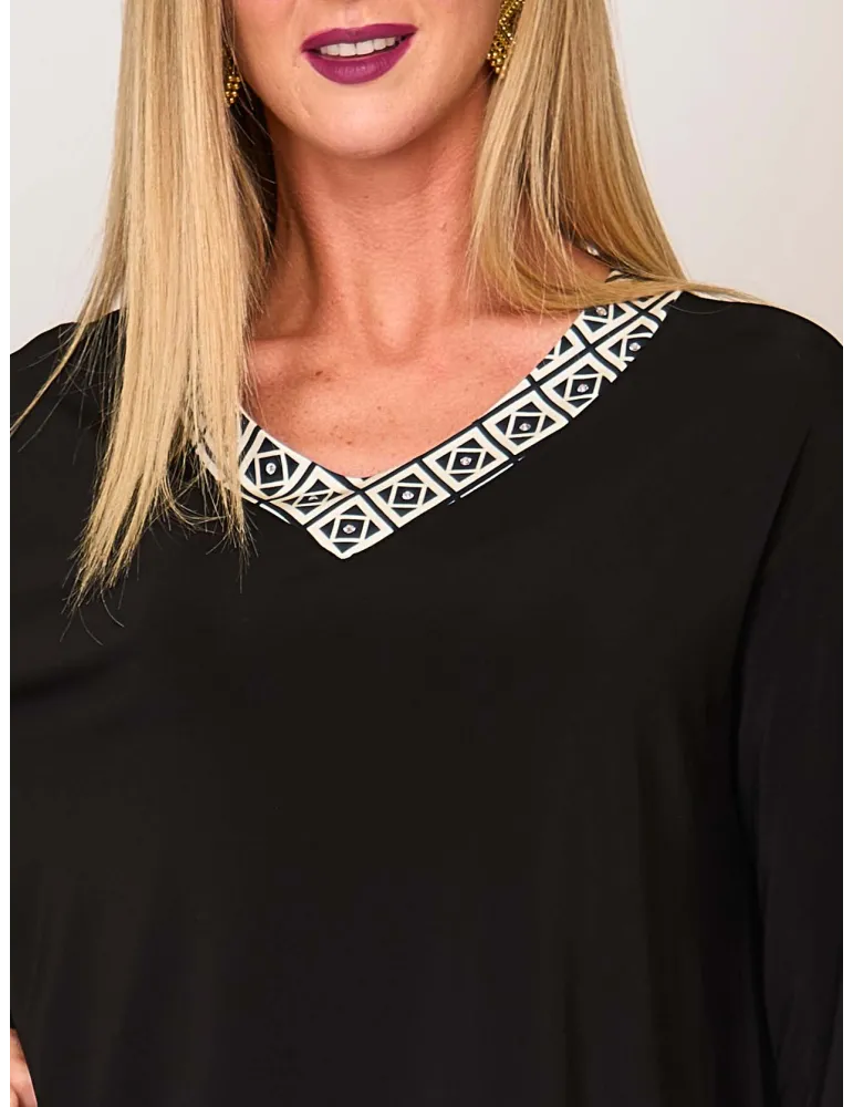 Francesca Mercuriali Black silk maxi blouse with optical-print borders