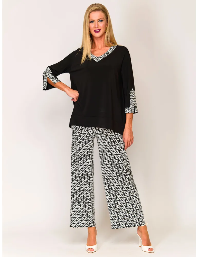 Francesca Mercuriali Black silk maxi blouse with optical-print borders