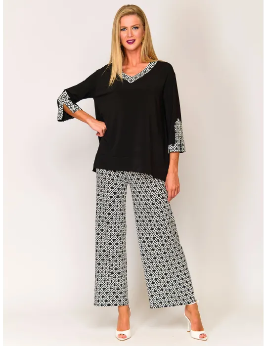 Mercuriali Black silk maxi blouse with optical-print borders