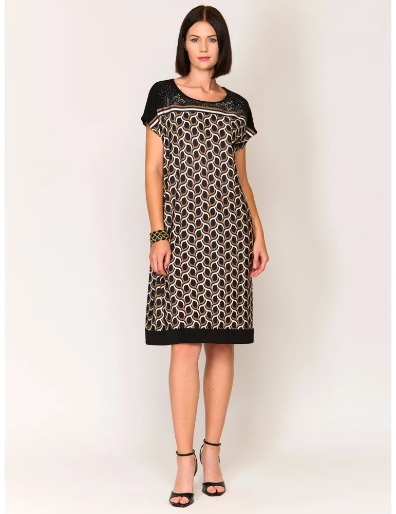 Mercuriali Brown White Black Geometric-Print Tunic Dress