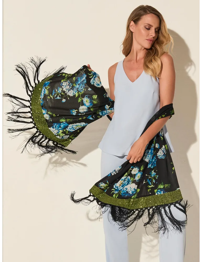 Piero Moretti black blue green flowers scarf with long fringes Piero Moretti black blue green flowers scarf with long fringes