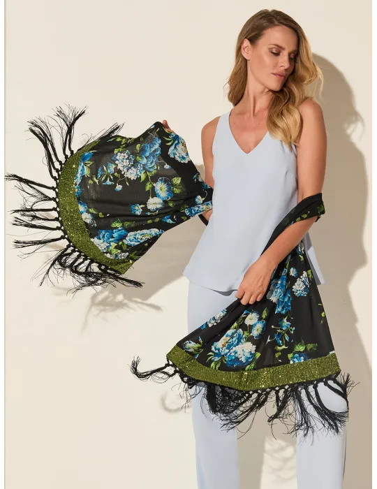 Stola nera con fiori azzurri frange e paillettes | Piero Moretti 2025