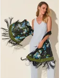 Stola nera con fiori azzurri frange e paillettes | Piero Moretti 2025