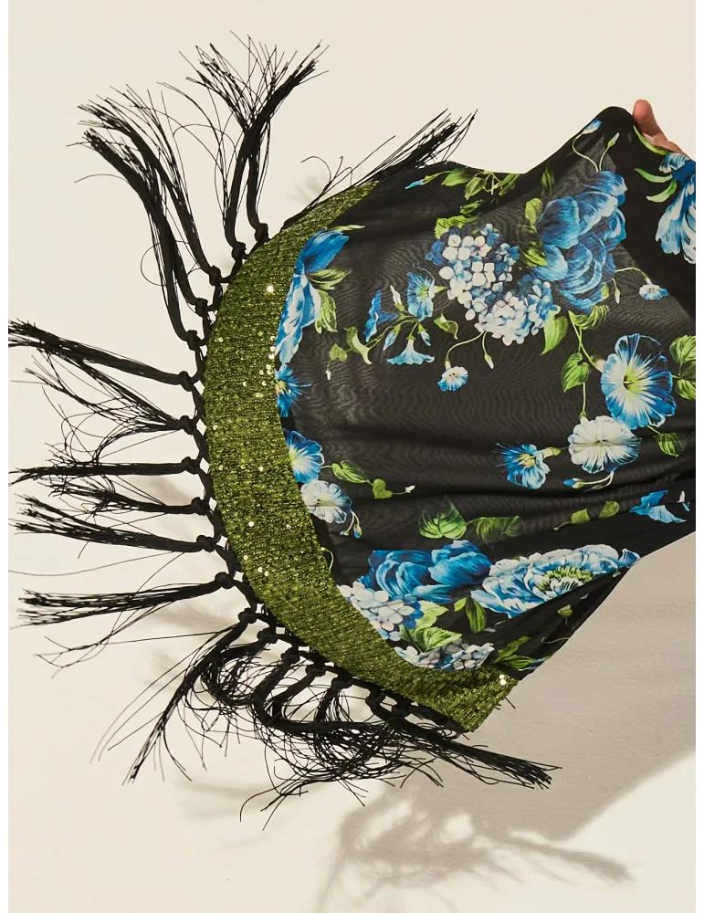 Blumen-Schal in Schwarz, Blau und Grün mit langen Fransen