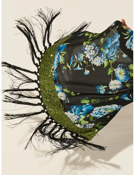 Stola nera con fiori azzurri frange e paillettes | Piero Moretti 2025