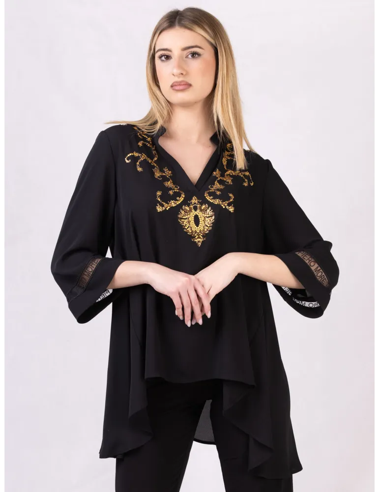 Piero Moretti | Blusa caftano nero con ricami orientali sull'oro Piero Moretti | Blusa caftano nero con ricami orientali sull'oro