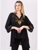 Black silk caftan blouse with golden rhinestones embroidery