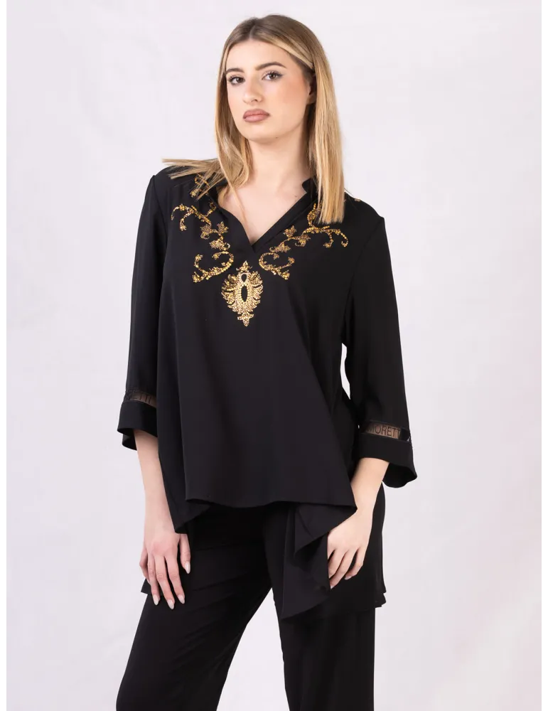 Black silk caftan blouse with golden rhinestones embroidery