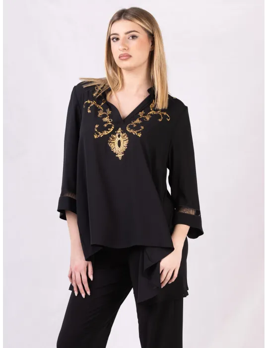 Piero Moretti | Blusa caftano nero con ricami orientali sull'oro