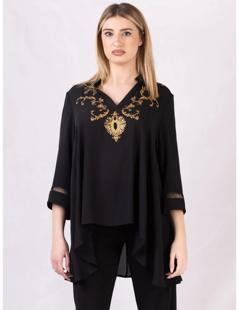 Schwarze Kaftan-Bluse mit goldenen Strassstein-Stickereien