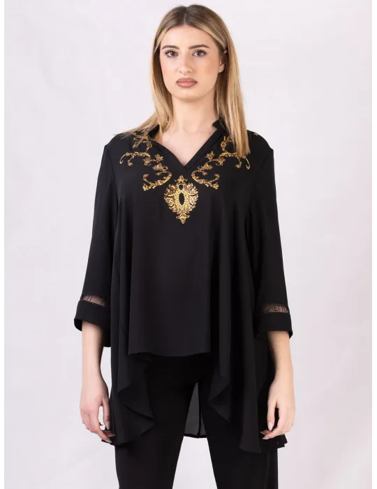 Piero Moretti | Blusa caftano nero con ricami orientali sull'oro