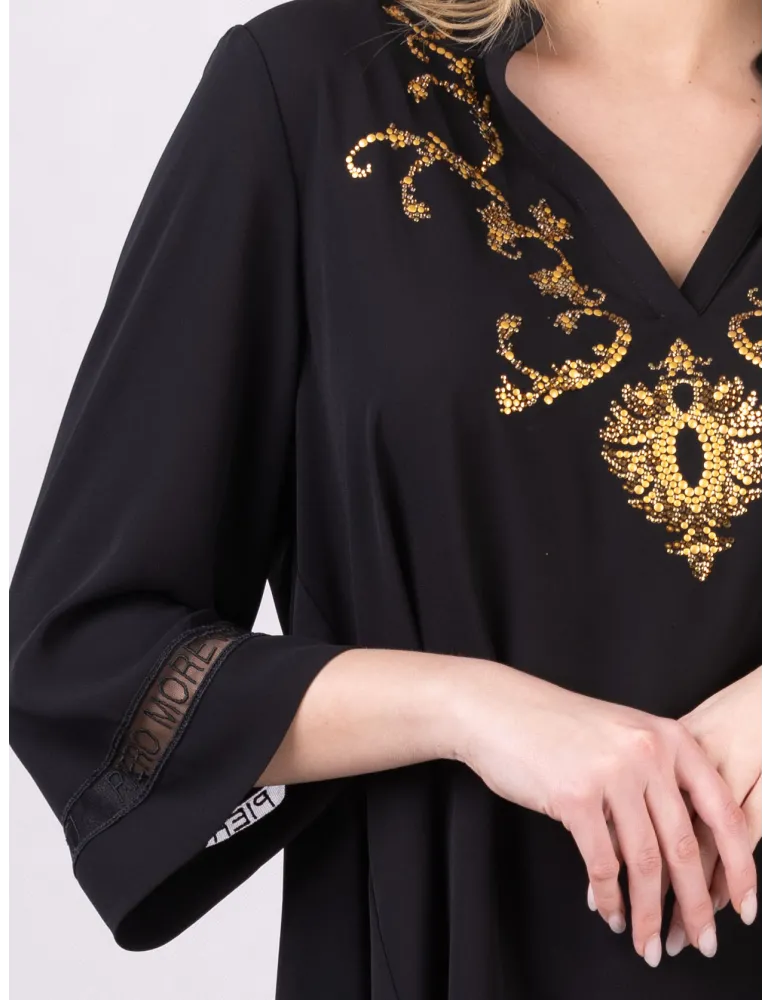 Piero Moretti 2025 | Black silk caftan blouse with golden rhinestones