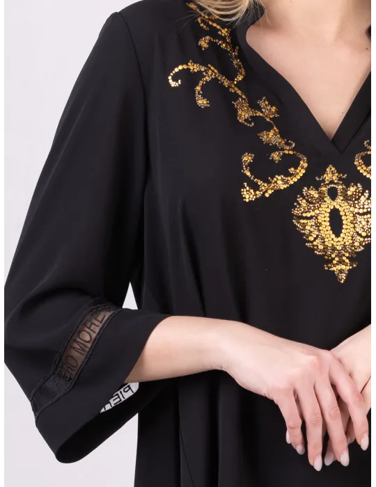 Piero Moretti | Blusa caftano nero con ricami orientali sull'oro