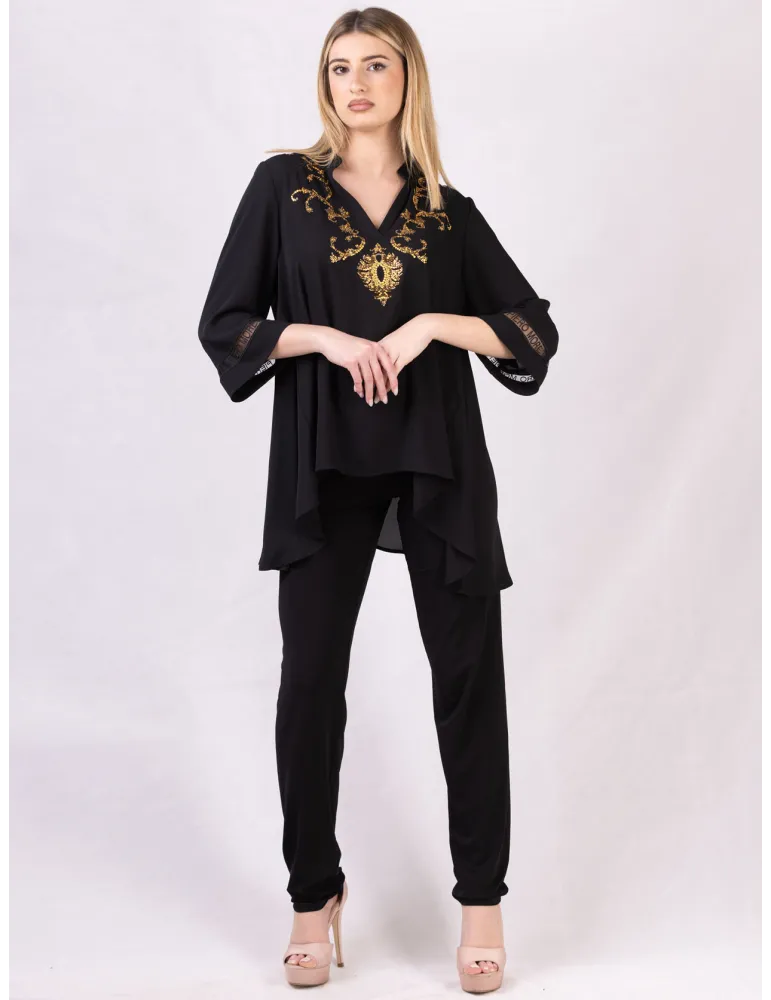Black silk caftan blouse with golden rhinestones embroidery