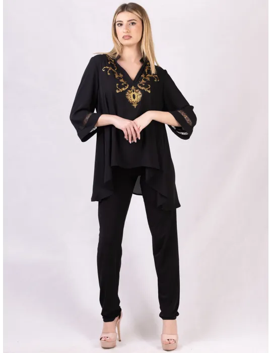 Piero Moretti | Blusa caftano nero con ricami orientali sull'oro