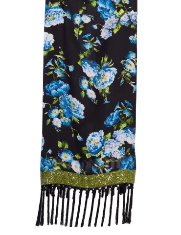 Piero Moretti black blue green flowers scarf with long fringes 2