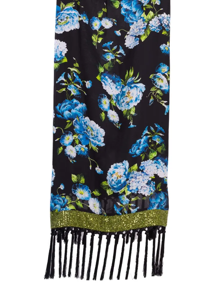 Blumen-Schal in Schwarz, Blau und Grün mit langen Fransen