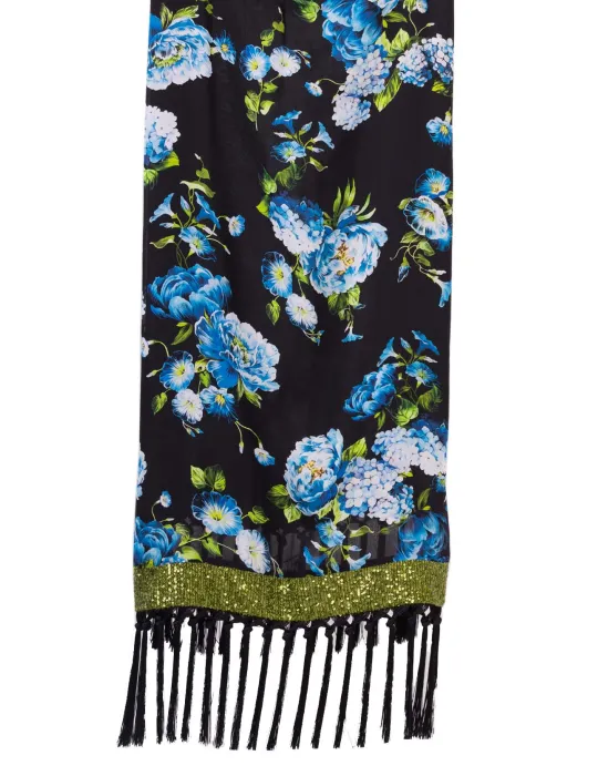 Stola nera con fiori azzurri frange e paillettes | Piero Moretti 2025