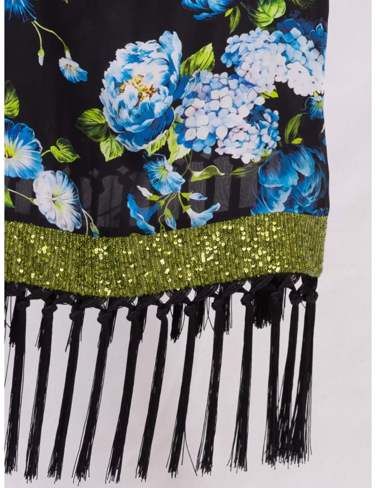 Piero Moretti black blue green flowers scarf with long fringes