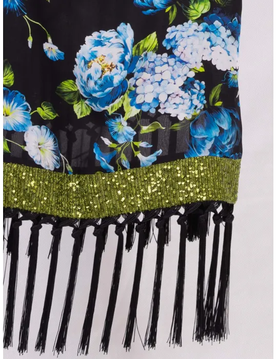 Blumen-Schal in Schwarz, Blau und Grün mit langen Fransen