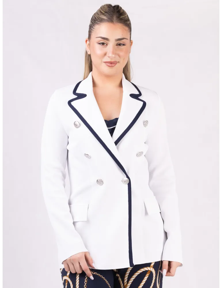 Piero Moretti Plus size White double-breasted jacket with blue piping Piero Moretti Plus size White double-breasted jacket with blue piping