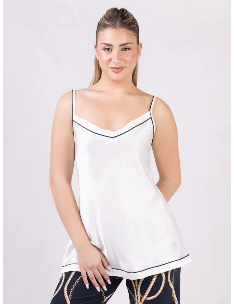 Piero Moretti White silk satin spaghetti strap top blue piping Piero Moretti White silk satin spaghetti strap top blue piping