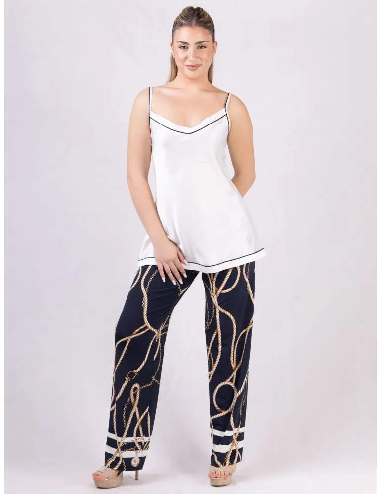 Piero Moretti White silk satin spaghetti strap top blue piping