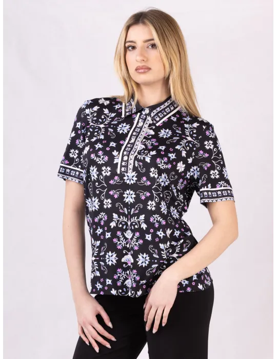 Maglia polo nera fantasia con bottoni gioiello Piero Moretti Maglia polo nera fantasia con bottoni gioiello Piero Moretti