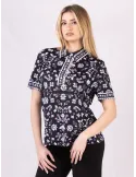 Maglia polo nera fantasia con bottoni gioiello Piero Moretti
