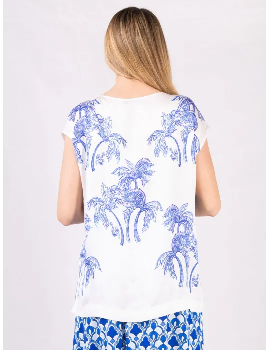 Blusa raso fantasia Medina bianco e azzurro Piero Moretti fino tg 56