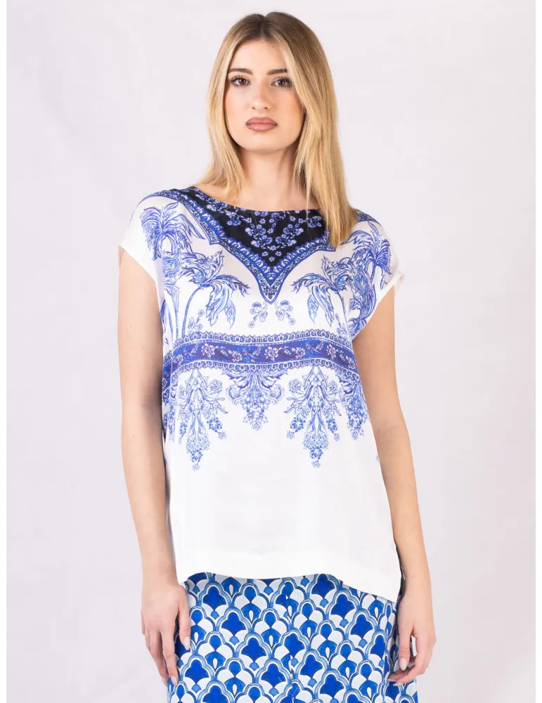 Blusa raso fantasia Medina bianco e azzurro Piero Moretti fino tg 56