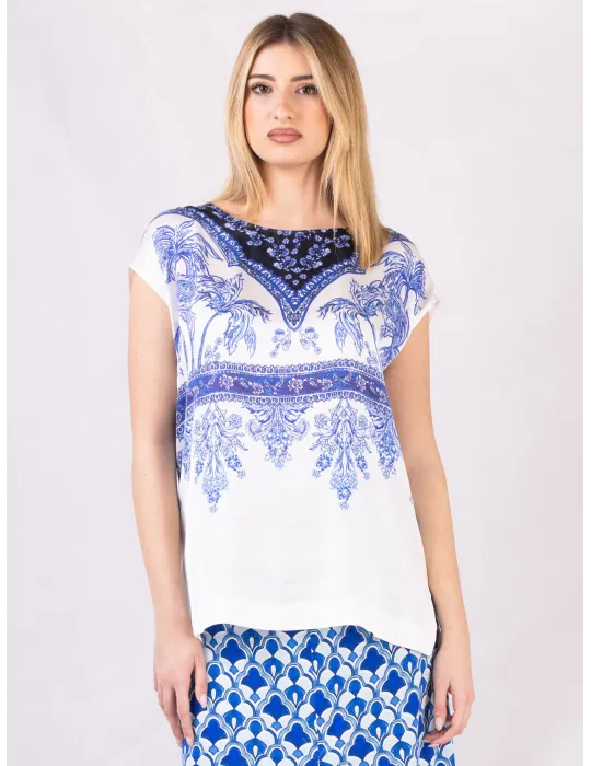Blusa raso fantasia Medina bianco e azzurro Piero Moretti fino tg 56 Blusa raso fantasia Medina bianco e azzurro Piero Moretti fino tg 56