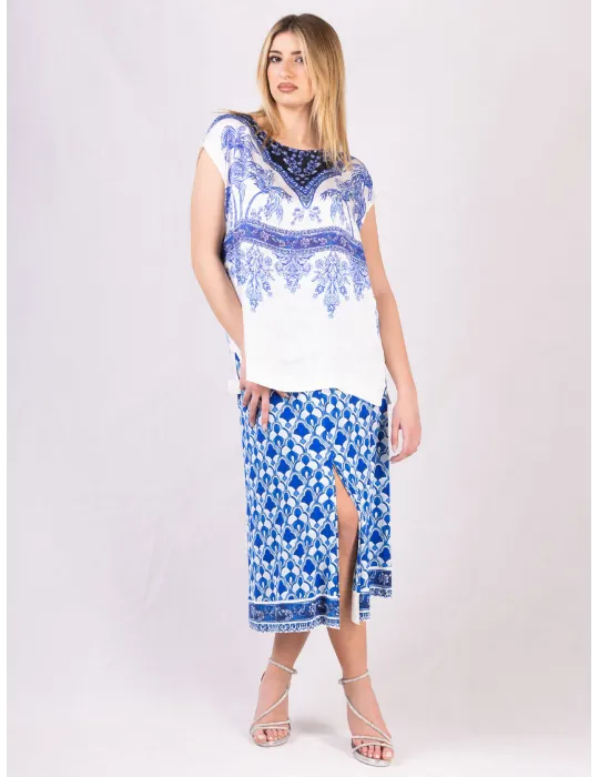Piero Moretti white and China blue midi skirt front split | Plus size