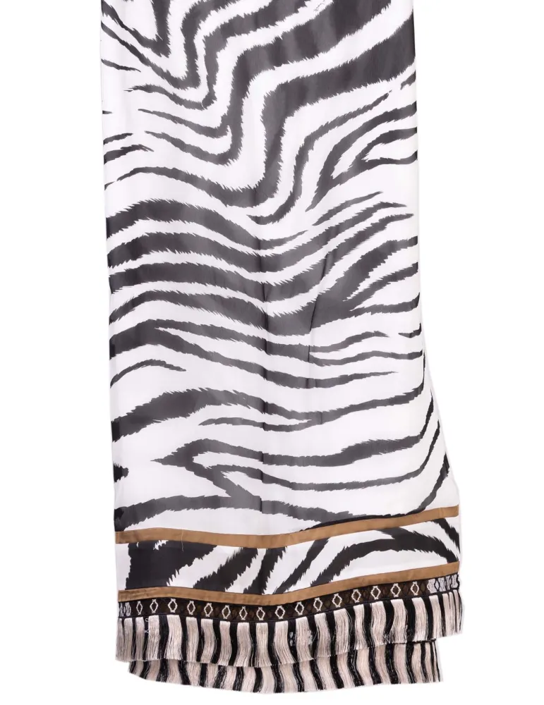 Piero Moretti black and white zebra printed scarf with fringes