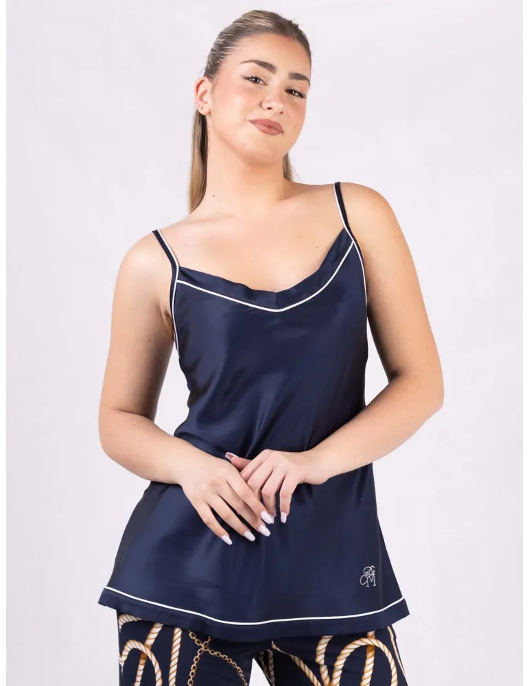 Piero Moretti Blue silk satin spaghetti strap top white piping Piero Moretti Blue silk satin spaghetti strap top white piping