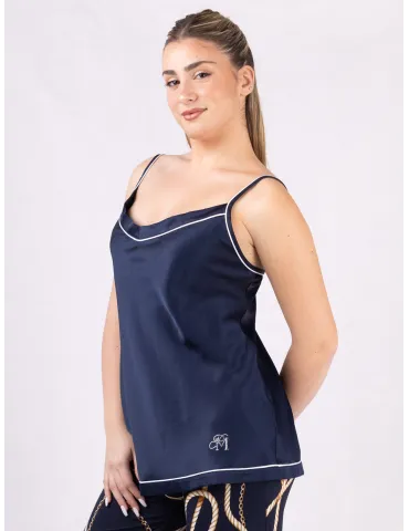 Piero Moretti Blue silk satin spaghetti strap top white piping 2
