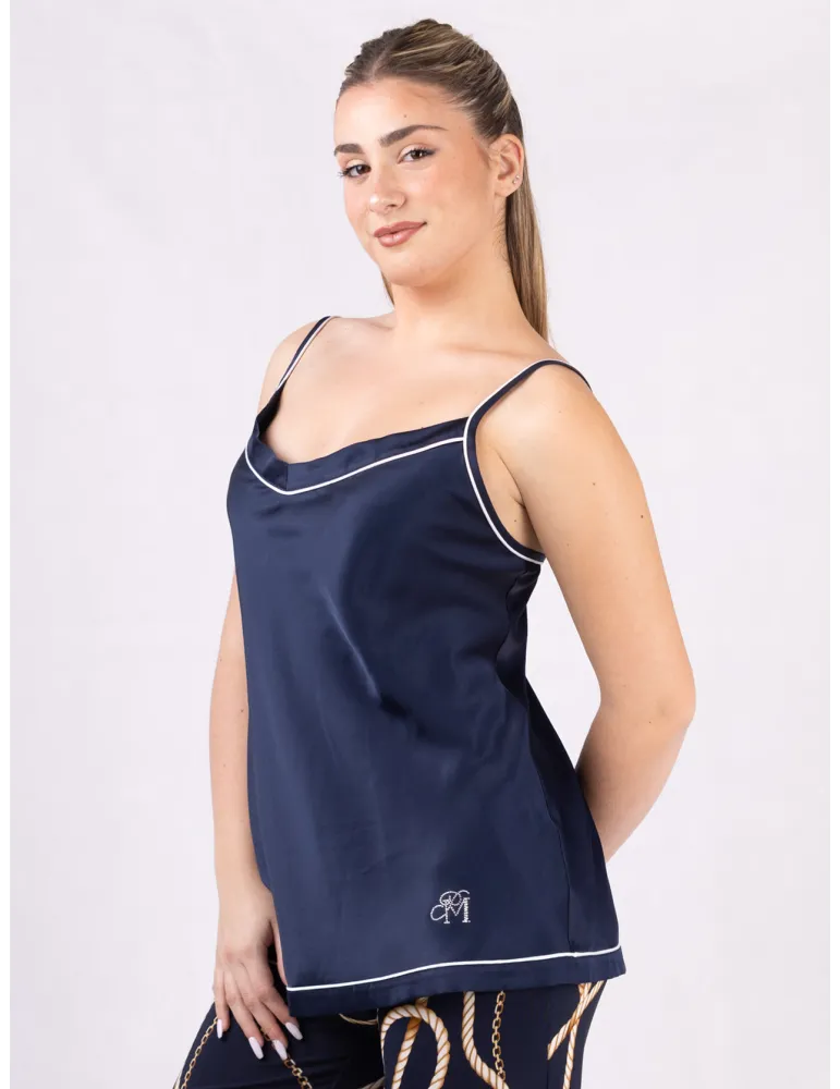 Piero Moretti Blue silk satin spaghetti strap top white piping