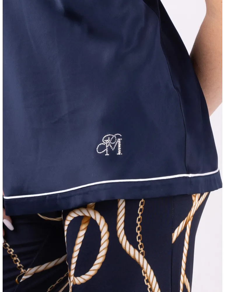 Piero Moretti Blue silk satin spaghetti strap top white piping