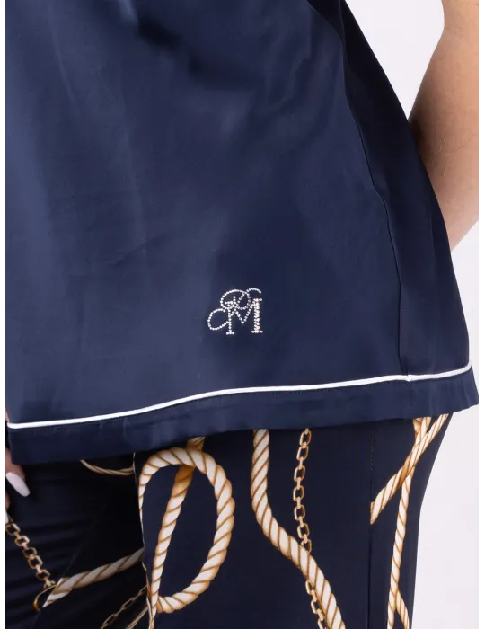 Piero Moretti Blue silk satin spaghetti strap top white piping