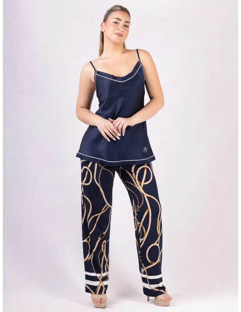 Canotta a bretelline sottili in raso di seta blu |  Piero Moretti