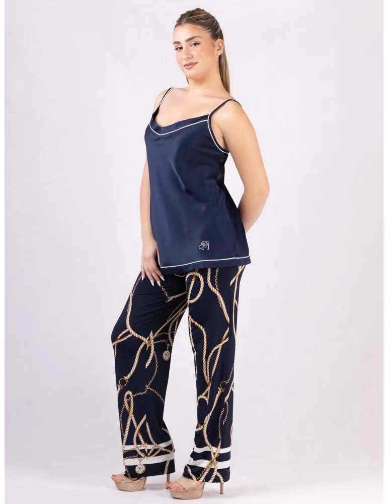 Piero Moretti Blue silk satin spaghetti strap top white piping