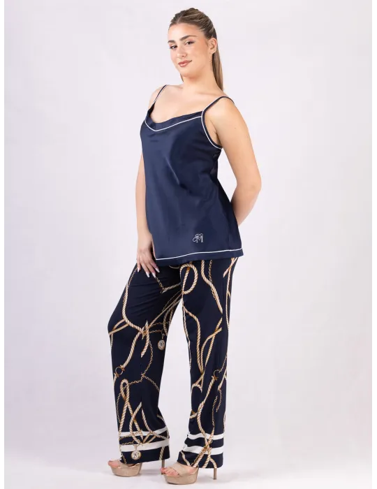Piero Moretti Blue silk satin spaghetti strap top white piping