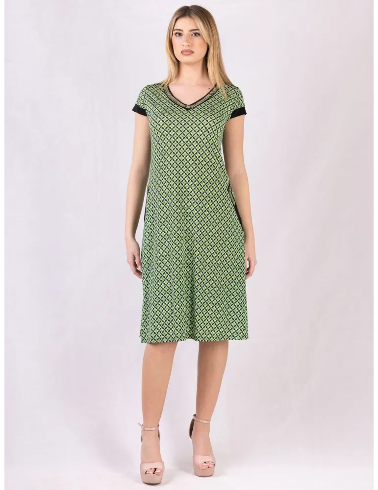 Black White green geometric-micro-print trapeze Dress