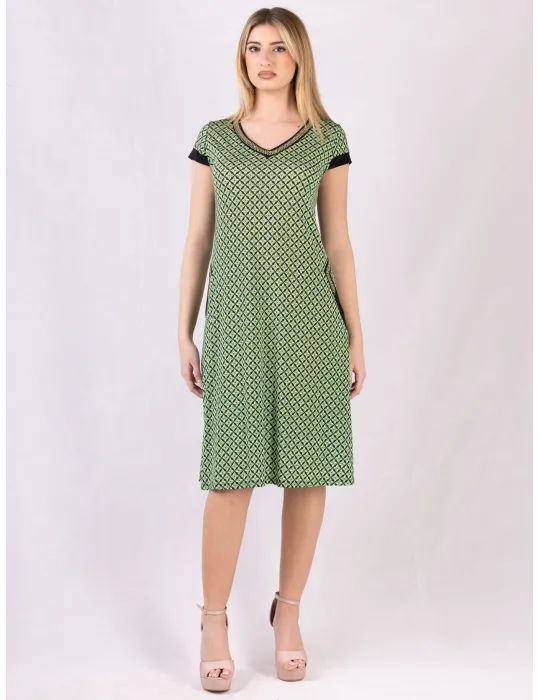 Black White green geometric-micro-print trapeze Dress