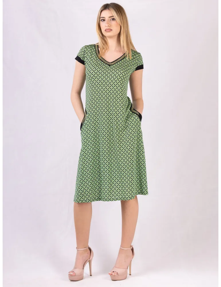Black White green geometric-micro-print trapeze Dress Black White green geometric-micro-print trapeze Dress