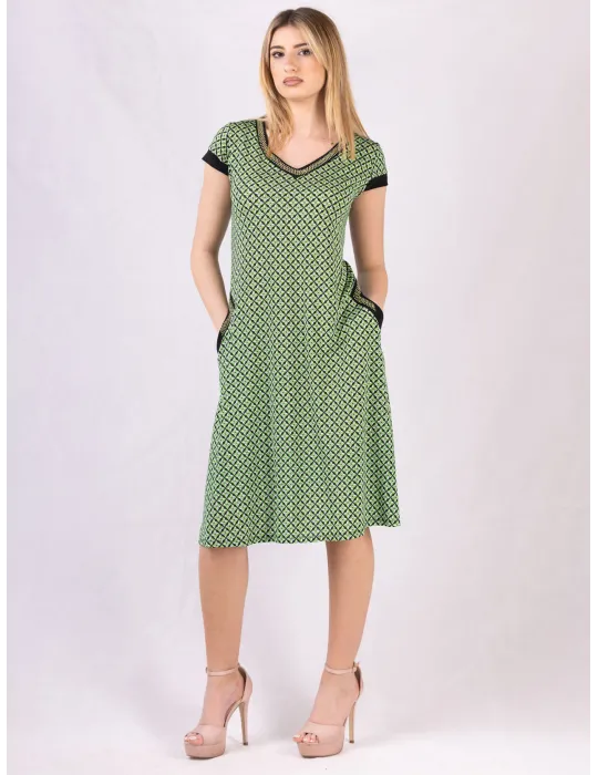 Black White green geometric-micro-print trapeze Dress Black White green geometric-micro-print trapeze Dress
