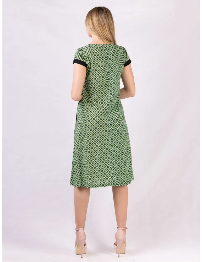 Black White green geometric-micro-print trapeze Dress