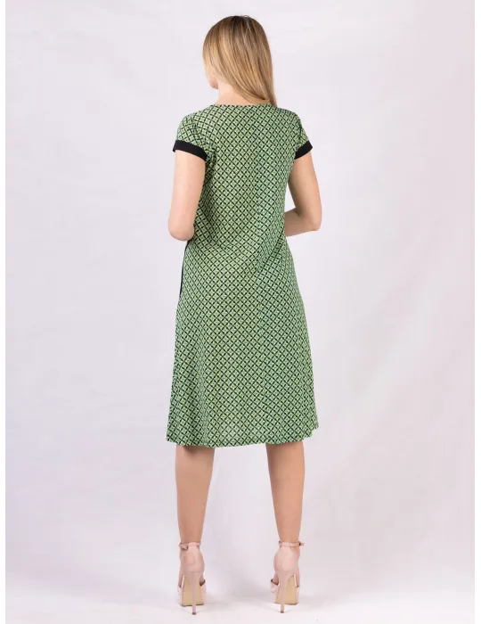 Black White green geometric-micro-print trapeze Dress